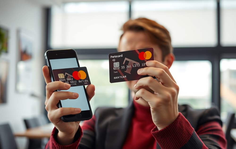 Norsk person med Mastercard-kort foran mobil med casino-app