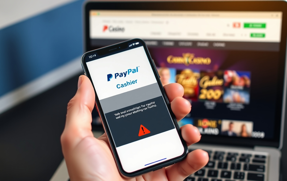 Smarttelefon med PayPal-logo grået ut på en casino-kasse-side, med et rødt varselikon.