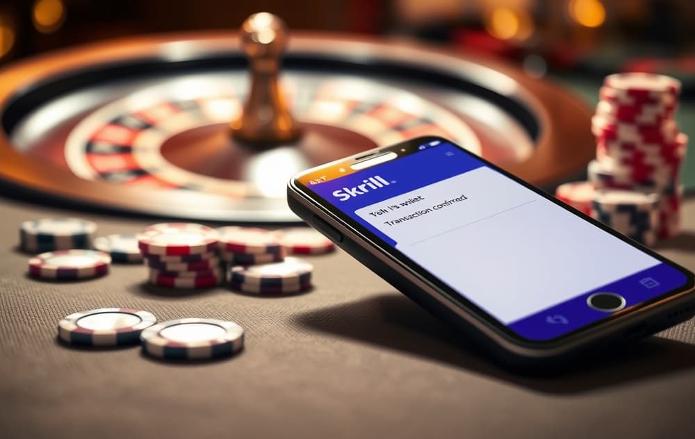 Smarttelefon med Skrill-appen på et casino, roulette og sjetonger i bakgrunnen.