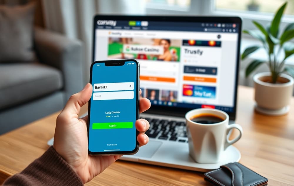 Person med mobiltelefon som viser BankID-innlogging, med casino-kasse på laptop i bakgrunnen.