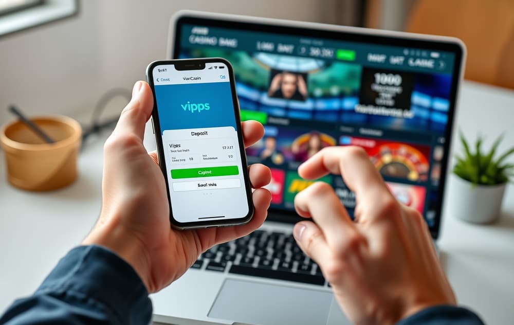 Person som bruker Vipps på mobil for å sette inn penger på et nettcasino på en laptop.