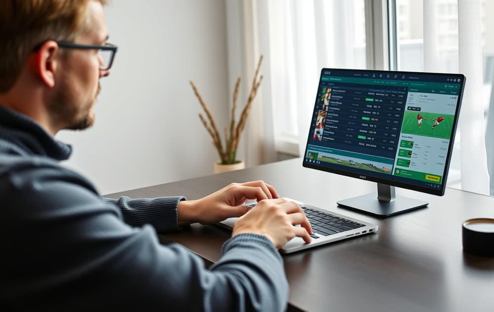Person som sammenligner odds på en laptop med kaffekopp, fotballkamper synlig.