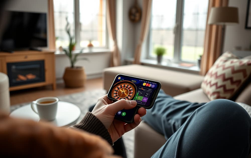 Person som spiller mobilcasino på smarttelefon i en norsk stue