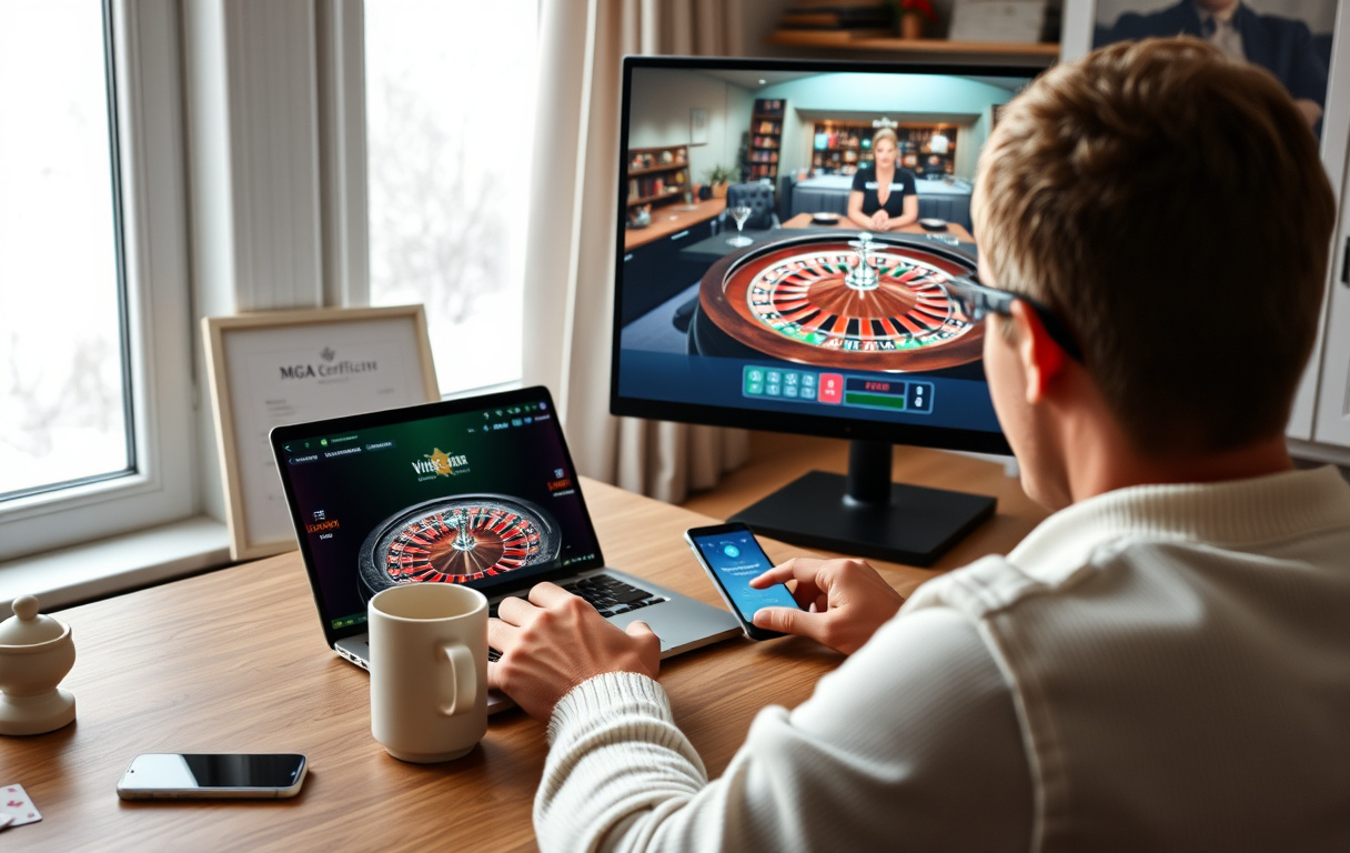 Person som spiller live roulette på laptop med norsk dealer, Vipps-app og MGA-logo synlig